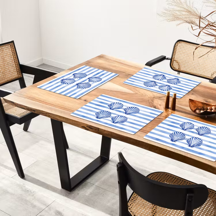 Placemat vinyl - Vier schelpen - Blauw - Wit - Strepen — 4