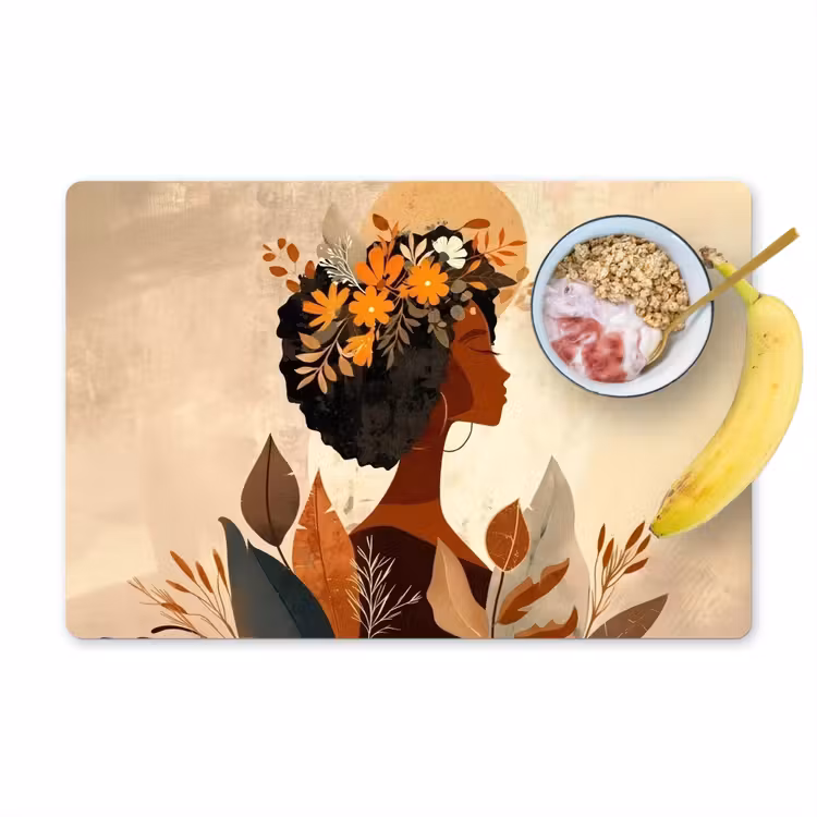 Placemat vinyl - Vrouw - Krullen - Bloemen - Beige — 1