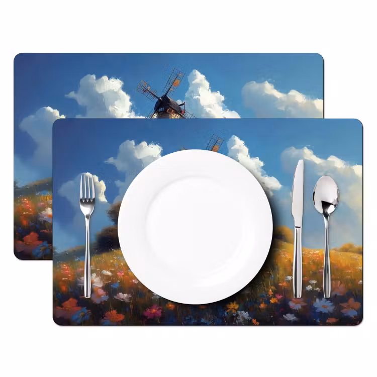 Placemat vinyl - Windmolen - Heuvel - Bloemen - Kleurrijk — 2