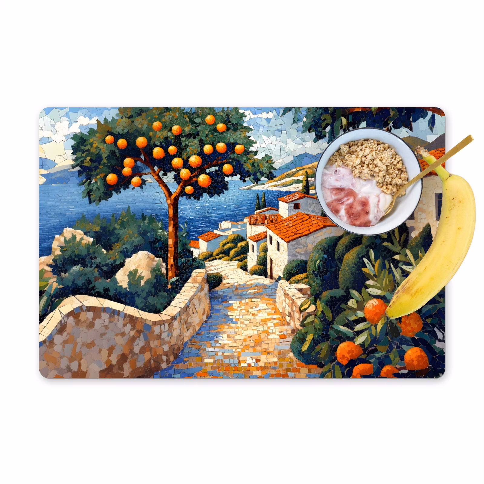 Placemat vinyl - Huizen - Mozaïek - Sinaasappelbomen - Zee — 1