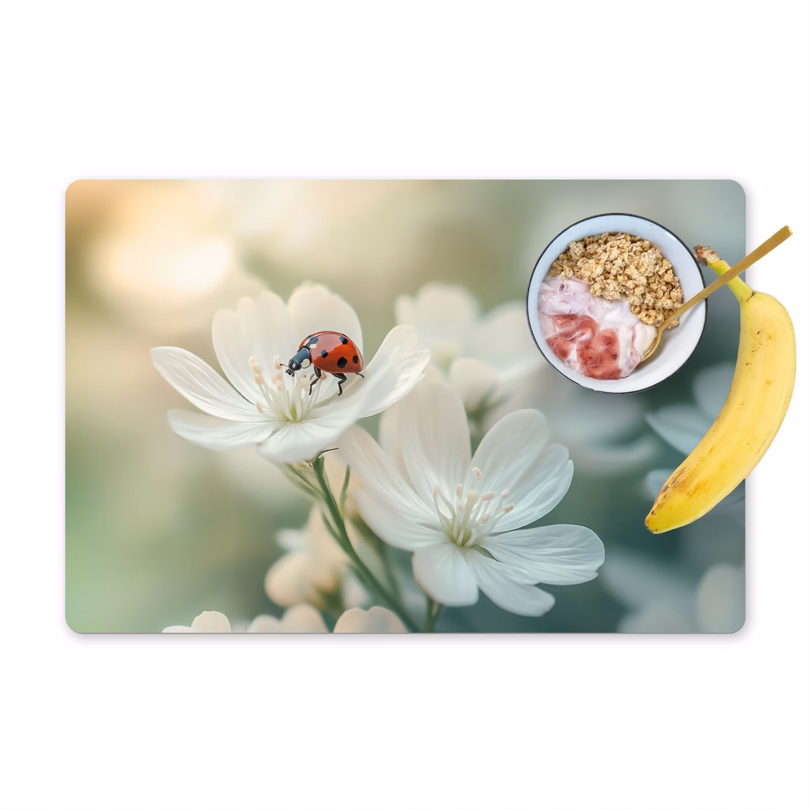 Placemat vinyl - Lieveheersbeestje - Bloemen - Wit — 1