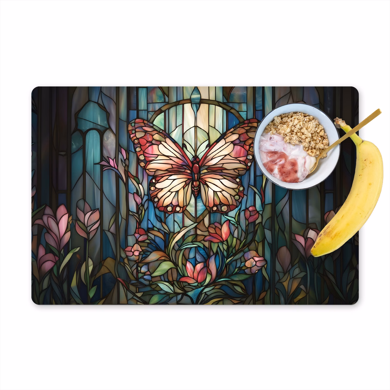 Placemat vinyl - Vlinder - Roze - Bloemen - Bladeren — 1