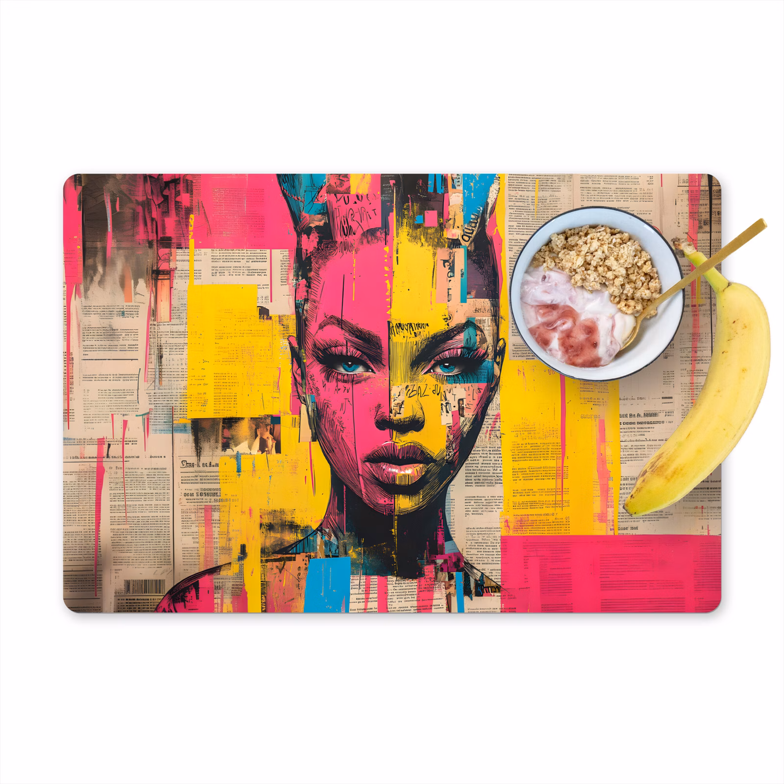 Placemat vinyl - Vrouwengezicht - Krantenpapier - Abstract - Roze — 1