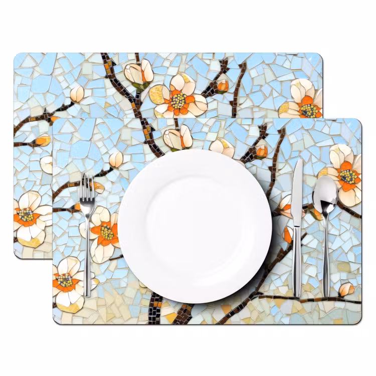 Placemat vinyl - Bloesems - Wit - Mozaïek - Tak — 2