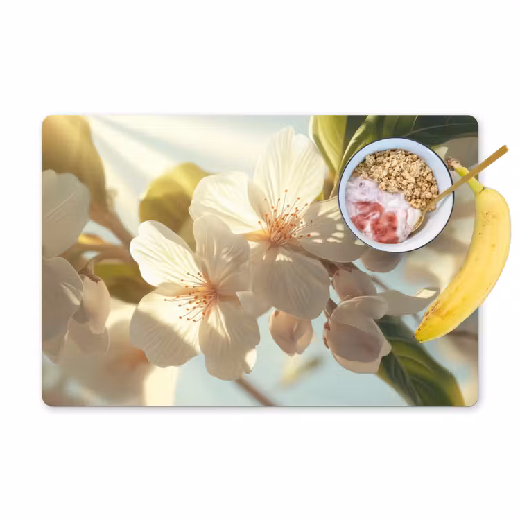 Placemat vinyl - Bloesems - Wit - Zonnestralen - Bloemblaadjes — 1