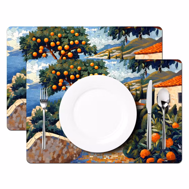 Placemat vinyl - Huizen - Mozaïek - Sinaasappelbomen - Zee — 2