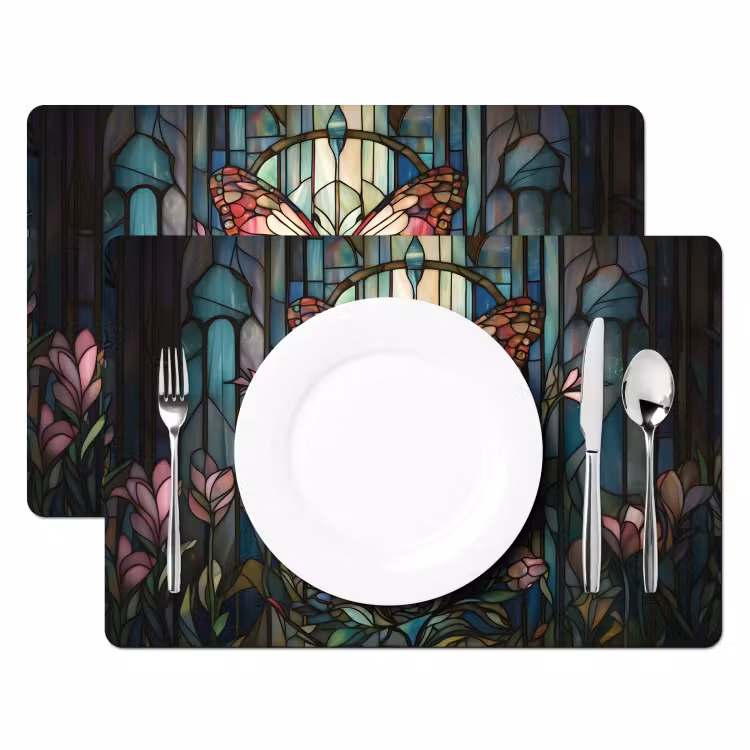 Placemat vinyl - Vlinder - Roze - Bloemen - Bladeren — 2