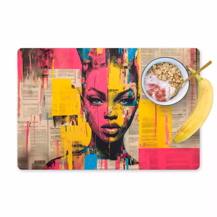 Placemat vinyl - Vrouwengezicht - Krantenpapier - Abstract - Roze — 1
