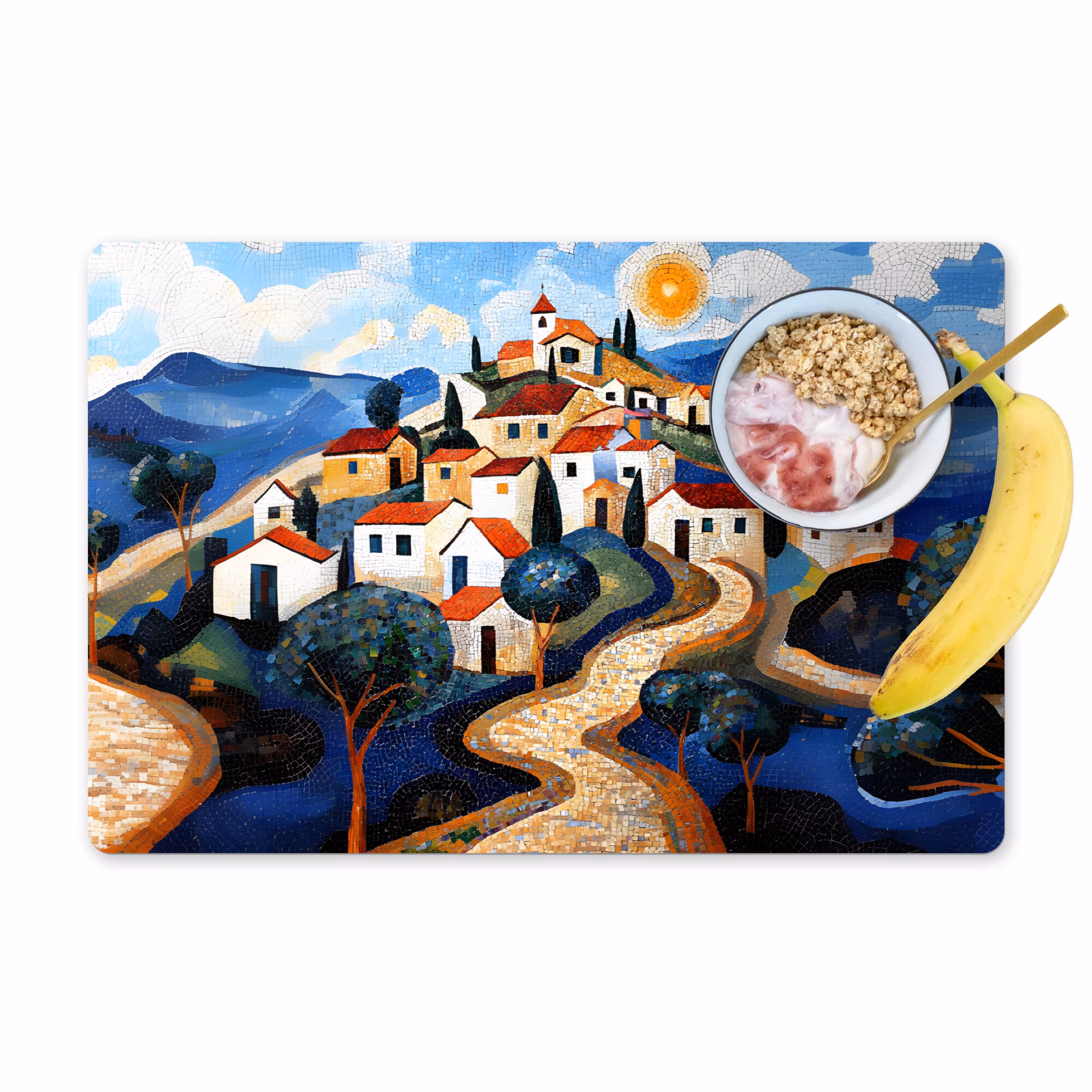 Placemat vinyl - Dorp - Heuvelachtig - Zon - Mozaïek — 1