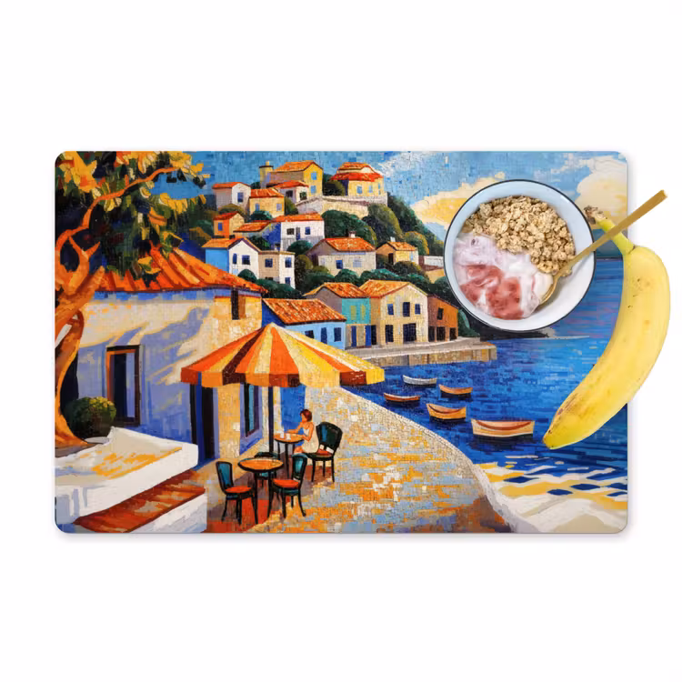 Placemat vinyl - Kustdorp - Huisjes - Mozaïek - Zee — 1