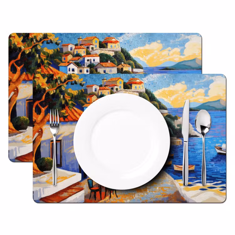 Placemat vinyl - Kustdorp - Huisjes - Mozaïek - Zee — 2
