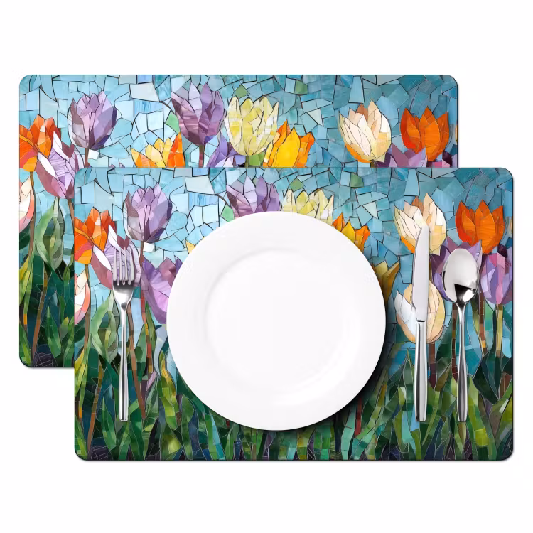Placemat vinyl - Mozaïek - Veld - Tulpen - Kleurrijk — 2