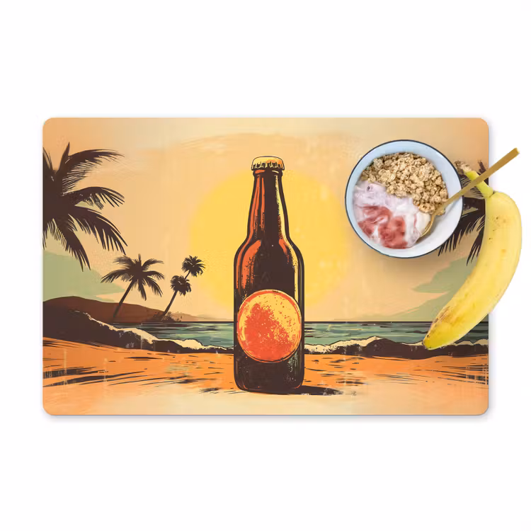 Placemat vinyl - Bierfles - Zonsondergang - Palmbomen - Zee — 1