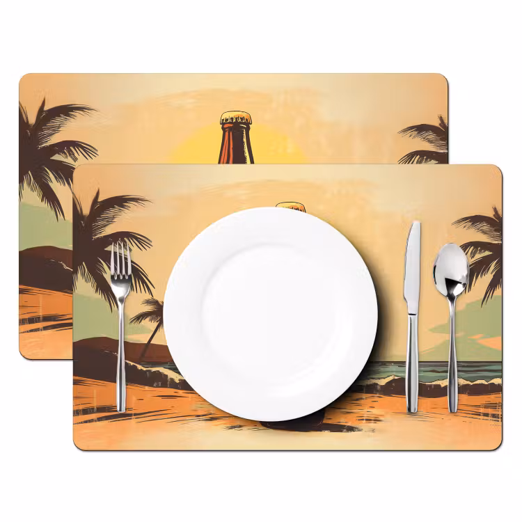 Placemat vinyl - Bierfles - Zonsondergang - Palmbomen - Zee — 2
