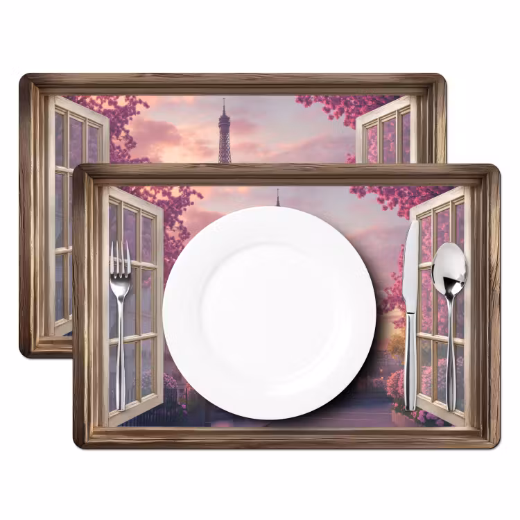 Placemat vinyl - Doorkijk - Parijs - Eiffeltoren - Roze - Kersenbloesem — 2