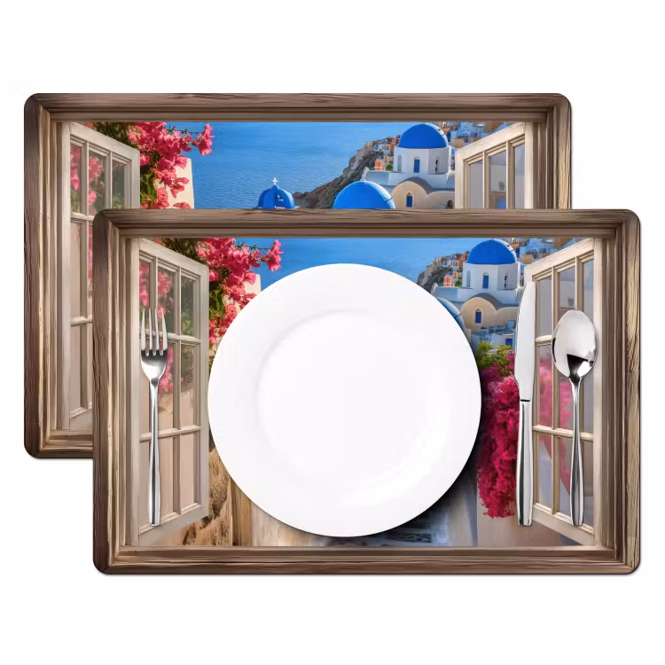 Placemat vinyl - Doorkijk - Santorini - Landschap - Blauw - Grieks — 2