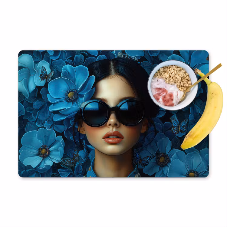Placemat vinyl - Vrouw - Bloemen - Blauw - Aesthetic - Luxe — 1