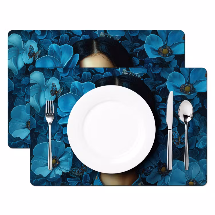 Placemat vinyl - Vrouw - Bloemen - Blauw - Aesthetic - Luxe — 2