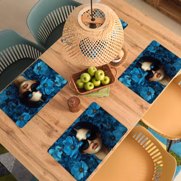 Placemat vinyl - Vrouw - Bloemen - Blauw - Aesthetic - Luxe — 3