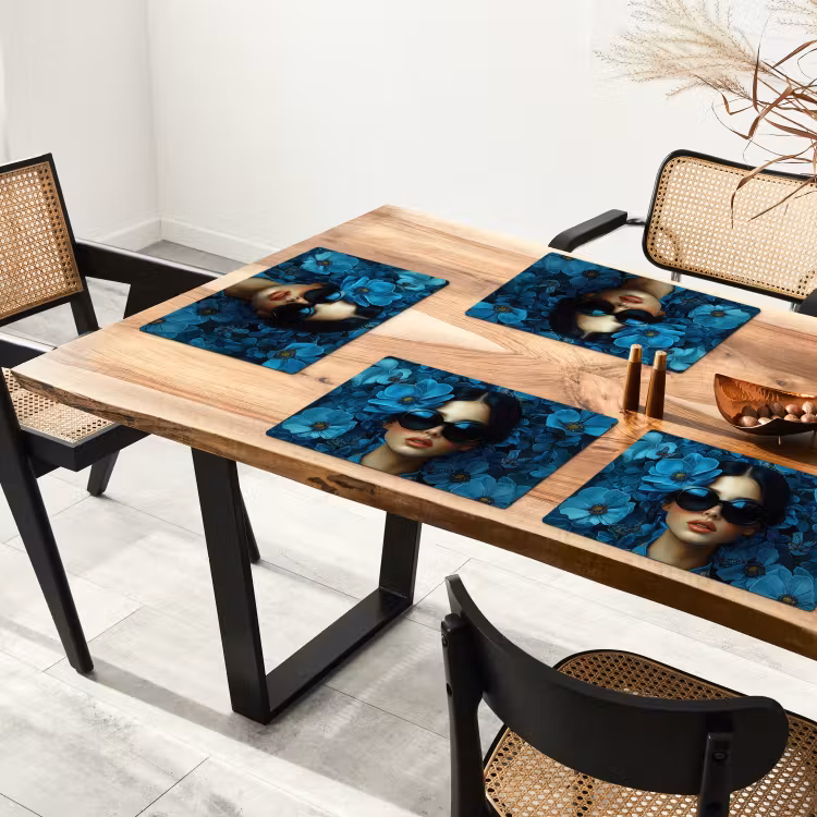 Placemat vinyl - Vrouw - Bloemen - Blauw - Aesthetic - Luxe — 4