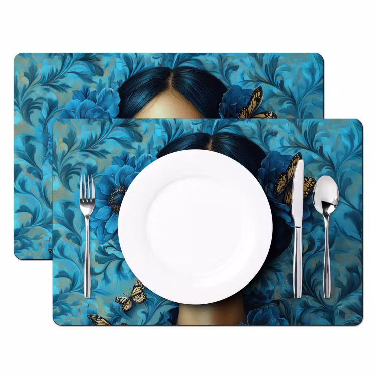 Placemat vinyl - Vrouw - Bloemen - Vlinders - Blauw - Abstract — 2