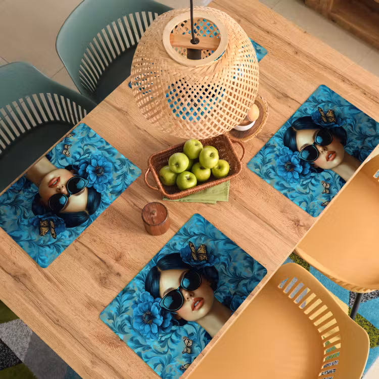 Placemat vinyl - Vrouw - Bloemen - Vlinders - Blauw - Abstract — 3