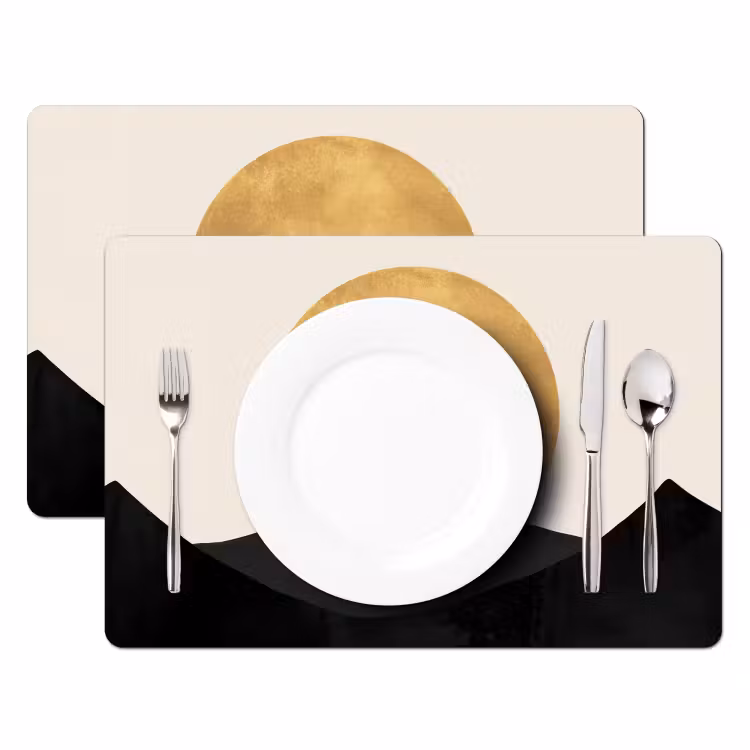 Placemat vinyl - Bergsilhouetten - Gouden cirkel - Beige — 2