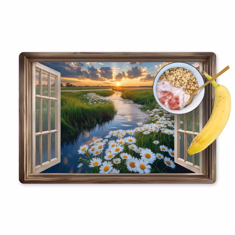 Placemat vinyl - Doorkijk - Landschap - Raam - Water - Zonsondergang — 1