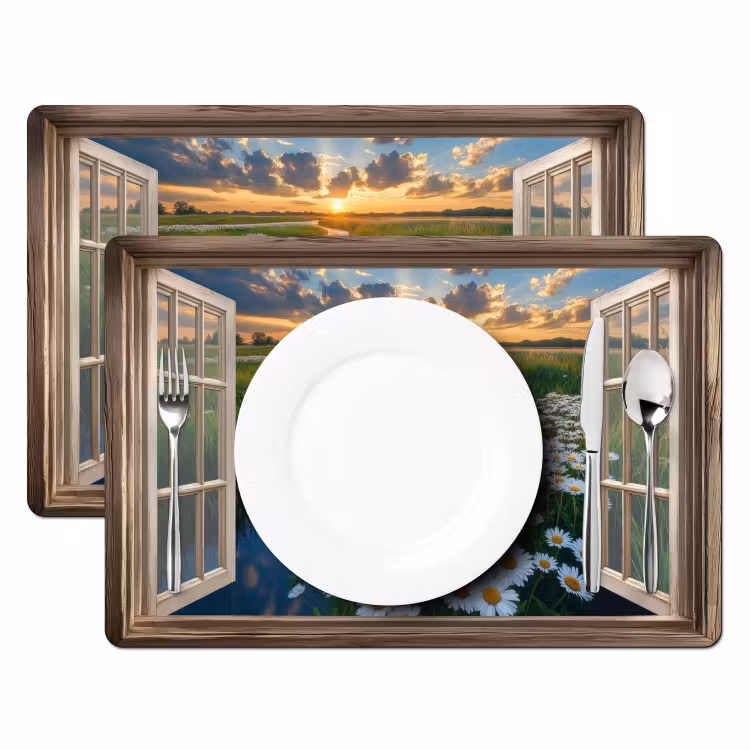Placemat vinyl - Doorkijk - Landschap - Raam - Water - Zonsondergang — 2