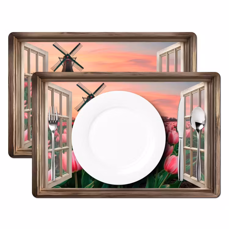 Placemat vinyl - Doorkijk - Tulpen - Bloemen - Molen - Raam — 2