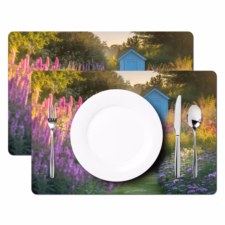 Placemat vinyl - Tuinhuisje - Blauw - Bloemen — 2