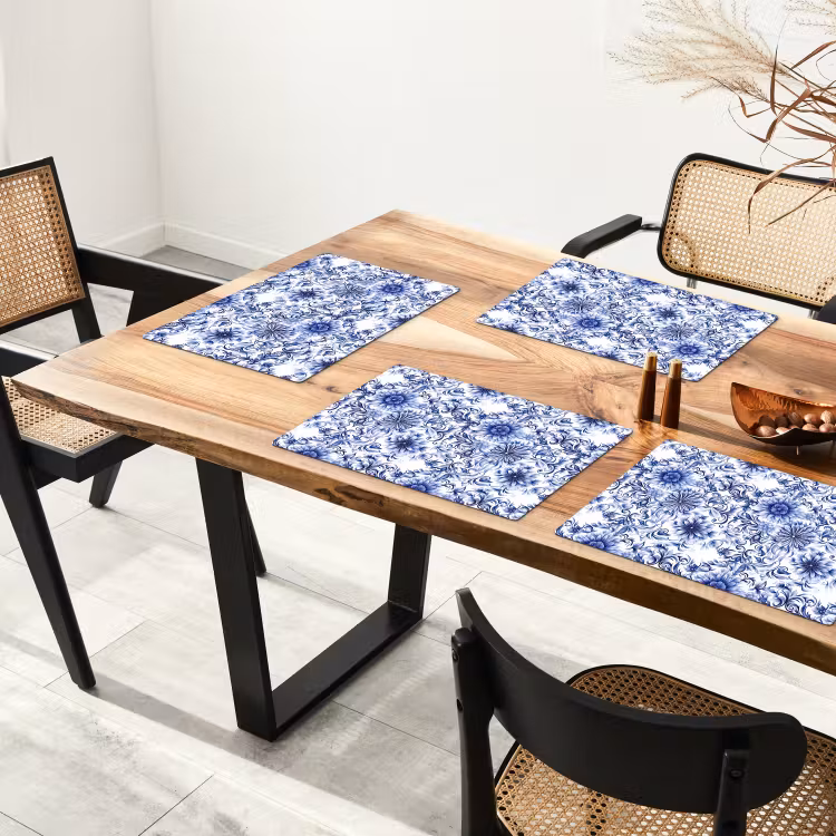 Placemat - 6 stuks - Bloemen - Blauw - Patroon - Wit — 4