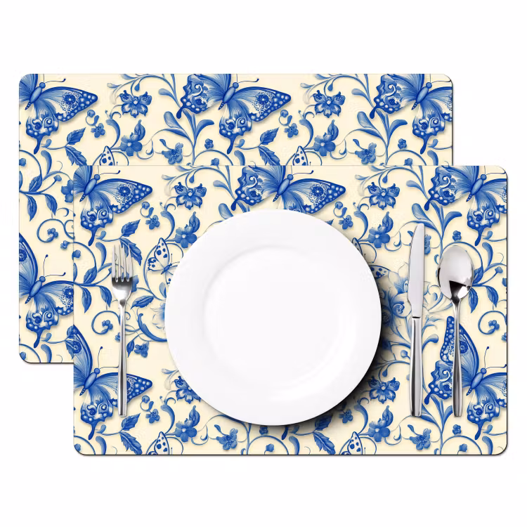 Placemat - 6 stuks - Vlinders - Bloemen - Blauw - Botanisch — 2