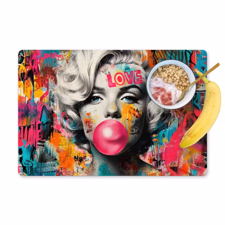 Placemat vinyl - Vrouw - Kauwgom - Graffiti - Neonkleuren — 1