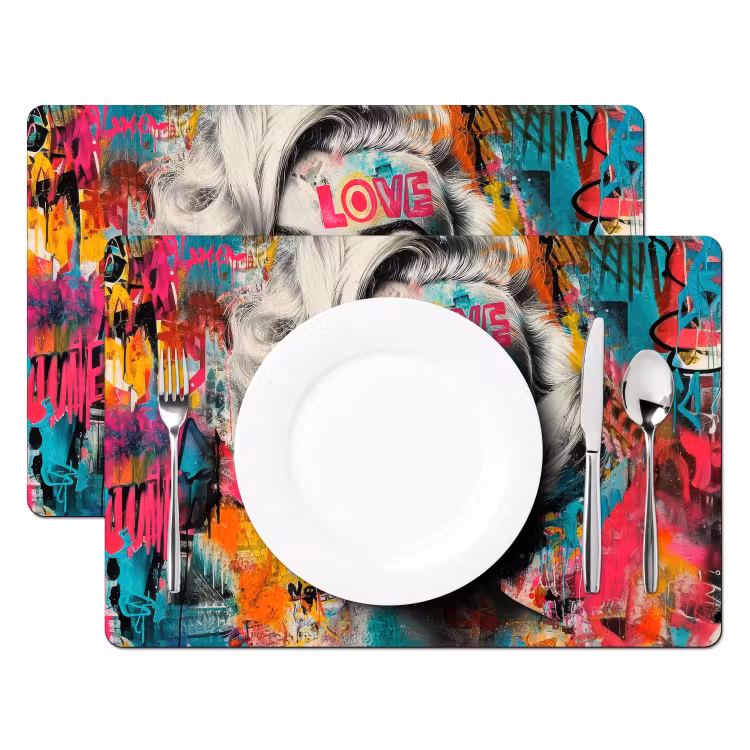 Placemat vinyl - Vrouw - Kauwgom - Graffiti - Neonkleuren — 2