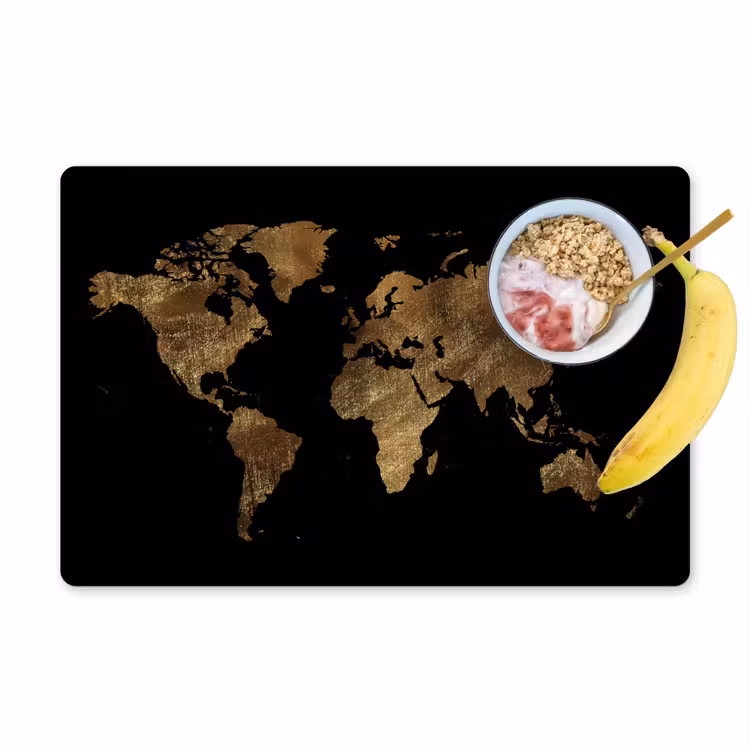 Placemat vinyl - Wereldkaart - Goud - Luxe - Aarde - Zwart — 1