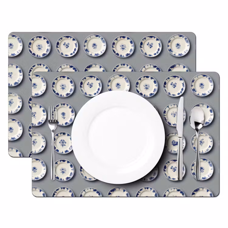 Placemat - 6 stuks - Borden - Bloemen - Blauw - Wit — 2