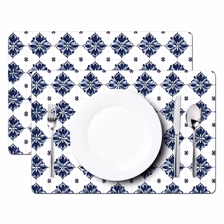 Placemat - 6 stuks - Tegelmotief - Blauw - Wit - Bloem — 2