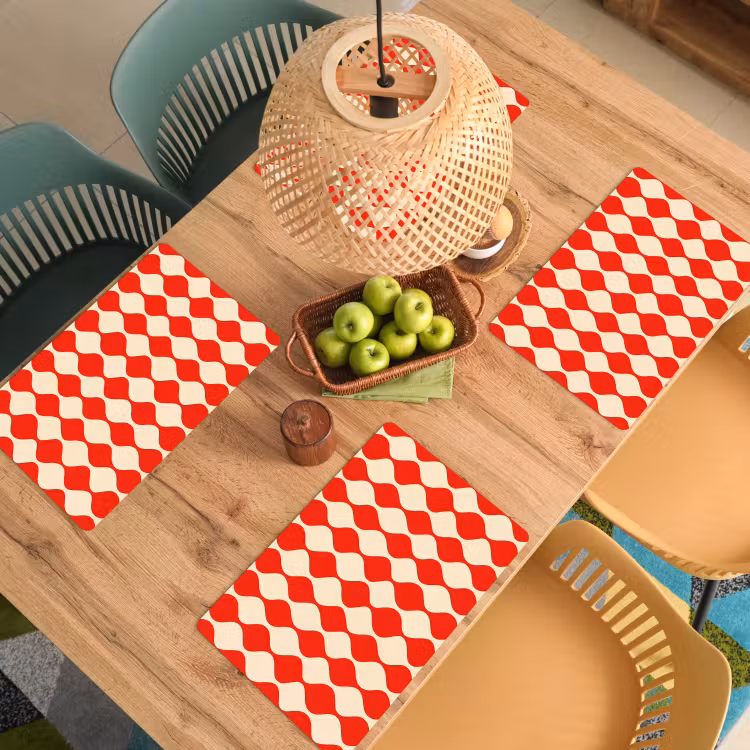 Placemat - 6 stuks - Golvend patroon - Retro - Rood - Beige — 3