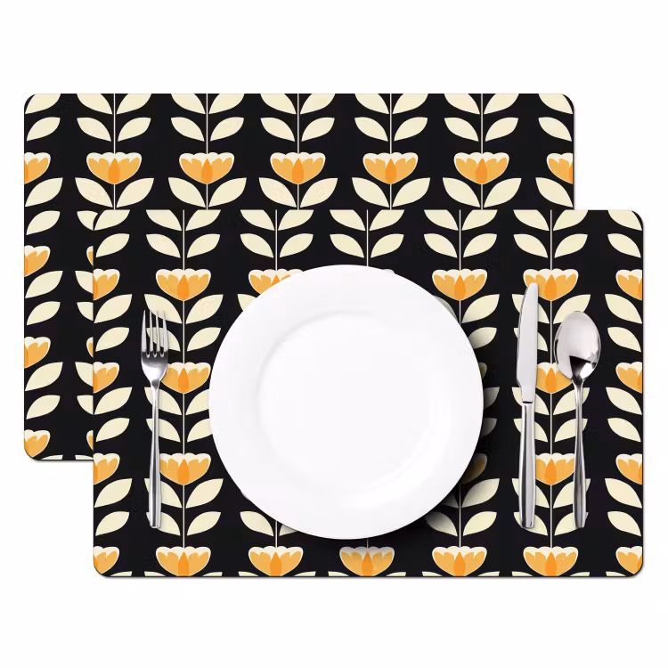 Placemat - 6 stuks - Retro - Bloem - Zwart - Okergeel — 2