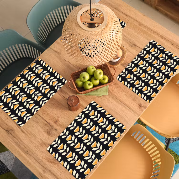 Placemat - 6 stuks - Retro - Bloem - Zwart - Okergeel — 3