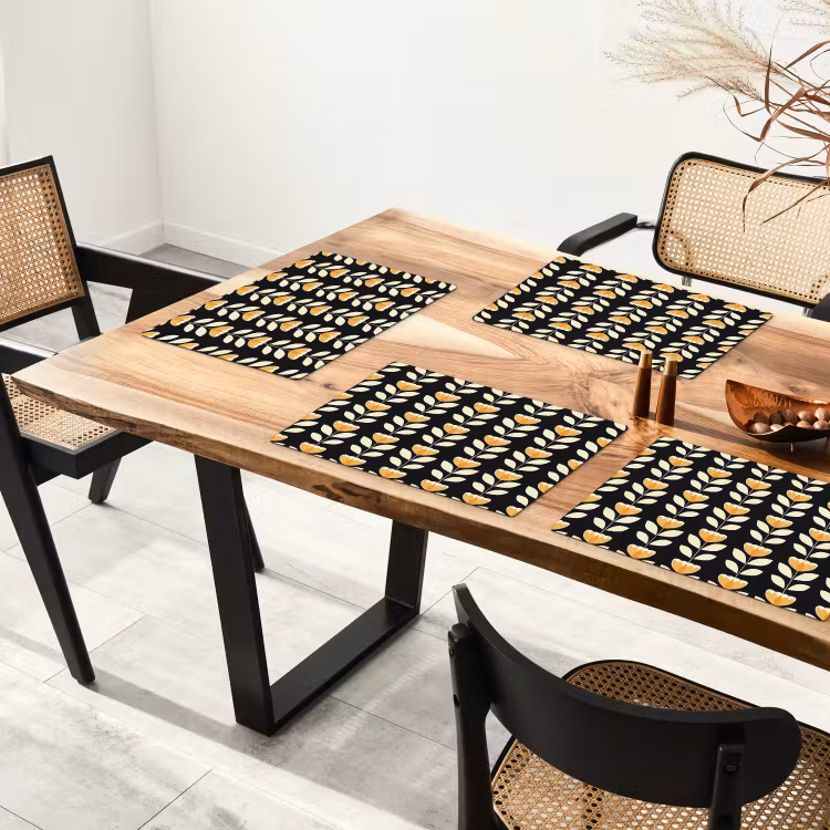 Placemat - 6 stuks - Retro - Bloem - Zwart - Okergeel — 4