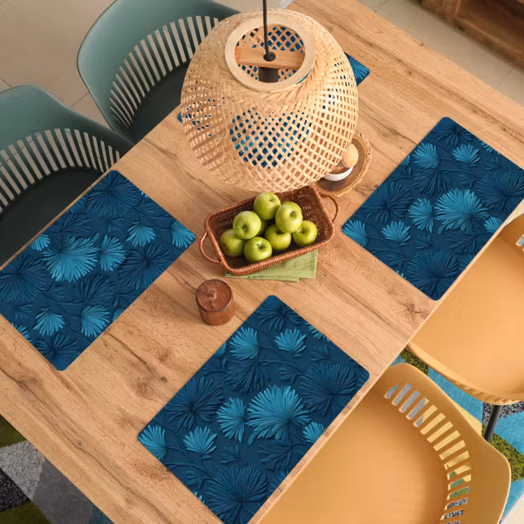 Placemat - 6 stuks - Bladeren - Reliëf - Patroon - Oceaanblauw - Modern — 3