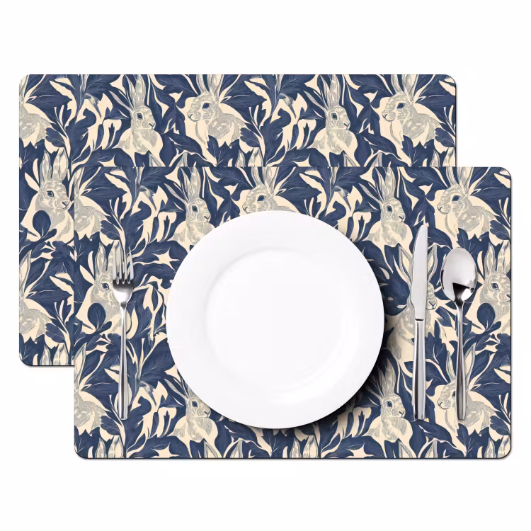 Placemat - 6 stuks - Hazen - Bladeren - Patroon - Blauw - Beige — 2