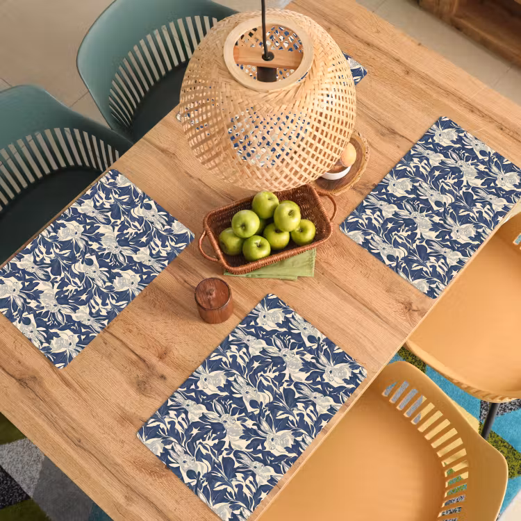 Placemat - 6 stuks - Hazen - Bladeren - Patroon - Blauw - Beige — 3
