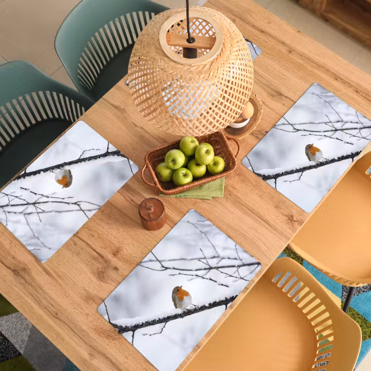 Placemat - 6 stuks - Roodborstje - Tak - Sneeuw - Winter - Levendig — 3