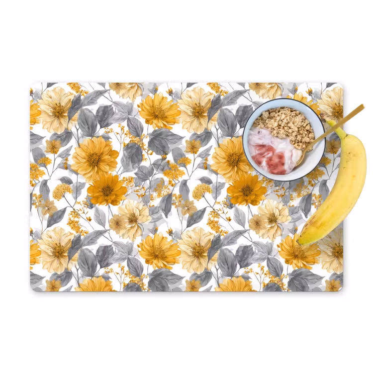 Placemat - 6 stuks - Bloemen - Botanisch - Elegant - Okergeel - Grijs — 1