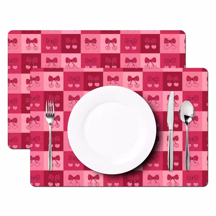 Placemat - 6 stuks - Kersen - Strikjes - Speels - Roze - Bordeaux — 2