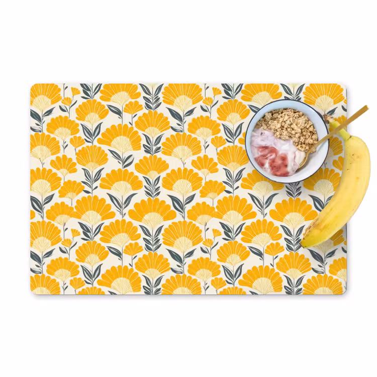 Placemat - 6 stuks - Bloemen - Retro - Botanisch - Okergeel - Grijs — 1