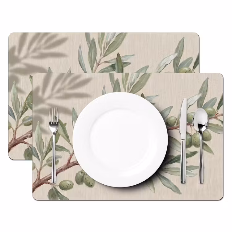 Placemat - 6 stuks - Olijftak - Bladeren - Natuur - Groen - Beige — 2